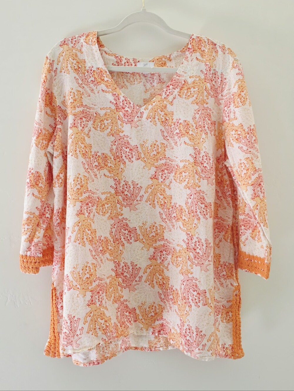 J. Jill Cotton Linen Blend White/Orange Coral Print Tunic Women's Blouse Size XL